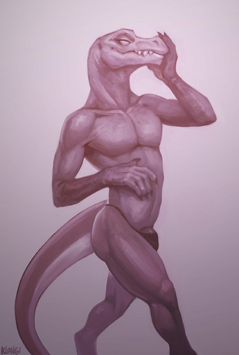 2018 absurd_res anthro bite biting_lip biting_own_lip bulge claws clothed clothing dinosaur grin hi_res holding_head klongi male monochrome pecs penis pose reptile scales scalie self_bite sketch smile solo tight_underwear topless walking // 1650x2450 // 204.1KB