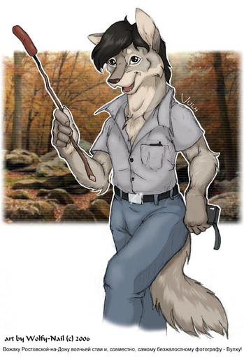 ! 2006 anthro belt black_eyes bottomwear brown_nose camera canid canine canis clothed clothing digital_media_(artwork) fur jacket male mammal open_mouth pants photo_background russian_text shirt solo teeth text tongue topwear vulh wolf wolfy-nail // 477x700 // 89.3KB