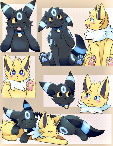 bell bell_collar bioluminescence black_body black_fur blue_eyes blush brother brother_and_sister collar cuddling cute_fangs draco_(draco) duo eeveelution female feral fur glowing hi_res hindpaw jett_(draco) jolteon lying male milkybiscuits multiple_poses nintendo one_eye_closed pawpads paws pivoted_ears pokemon pokemon_(species) pose shiny_pokemon sibling simple_background sister sitting sleeping smile tongue tongue_out twins umbreon video_games wink yellow_body yellow_fur // 1200x1550 // 507.7KB