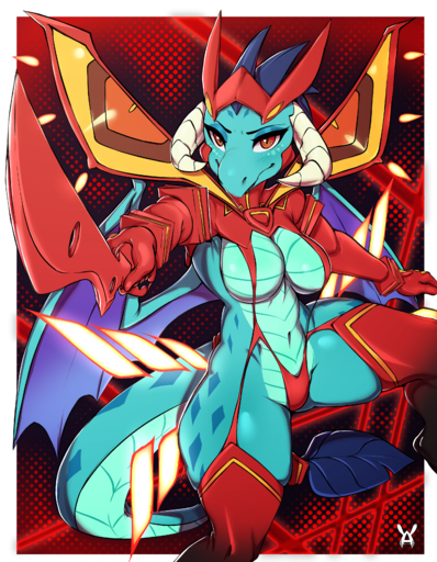 2019 absurd_res anthro armor avante92 breasts crossover digital_media_(artwork) dragon exposure_variation female hi_res holding_object holding_weapon horn kamui_(kill_la_kill) melee_weapon navel princess_ember_(mlp) red_eyes senketsu solo sword weapon wings // 2625x3375 // 5.8MB