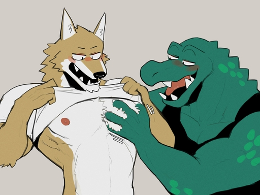 2021 4:3 anthro blush canid canine chest_grab clothed clothing clothing_lift crocodilian drunk duo fur hand_on_pecs hi_res k0bit0wani male mammal pec_grab pec_grasp reptile scalie shirt shirt_lift simple_background smile substance_intoxication topwear white_background // 2600x1950 // 427.4KB