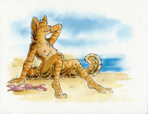 2012 anthro beach breasts cloud domestic_cat eyes_closed felid feline felis female mammal nipples nude outside ruaidri sand seaside sky solo // 819x635 // 99KB