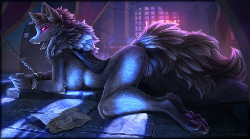 anthro bound breasts butt canid canine canis female genitals hioshiru lying mammal nude on_front pussy solo tongue tongue_out wolf // 1500x836 // 2.1MB