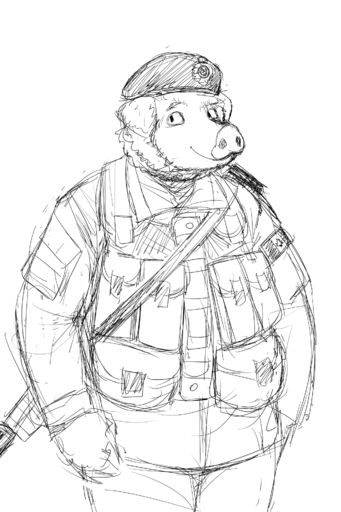 2:3 anthro bag beret black_and_white canadian_flag clothed clothing domestic_pig gun hat headgear headwear hi_res hladilnik male mammal military monochrome overweight overweight_anthro overweight_male ranged_weapon rifle rifle_sling sketch smile solo suid suina sus_(pig) uniform weapon // 1280x1920 // 1.2MB