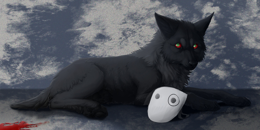 black_body black_fur black_nose blood bodily_fluids canid canine canis domestic_dog feral fur green_eyes hauringu hi_res lying male mammal mask nude pawpads paws red_eyes solo // 2500x1254 // 3.7MB