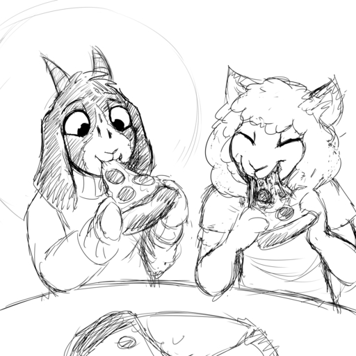 1:1 anthro black_and_white bovid canid canine canis caprine domestic_sheep duo eating eyes_closed food fur goat halo hi_res hladilnik horn hybrid lamb_son_(hladilnik) long_ears male mammal monochrome pizza sharp_teeth sheep smile teeth tommy_(hladilnik) traditional_halo wolf wool_(fur) young // 1280x1280 // 923.9KB