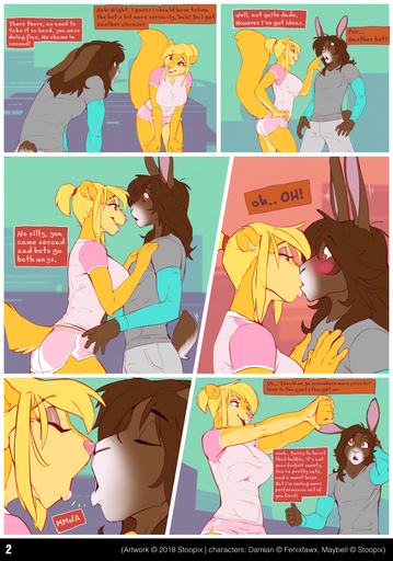 2018 absurd_res anthro breasts clothed clothing comic damian_weir dialogue digital_media_(artwork) duo english_text female fur hair hi_res kissing lagomorph leporid male mammal maybell open_mouth rabbit rodent sciurid stoopix text tree_squirrel // 5040x7186 // 13.4MB