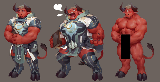 4_fingers abs anthro biceps bottomwear bovid bovine brown_hair bulge cattle censor_bar censored clothed clothing darius_(kemo_coliseum) eyebrows eyes_closed facial_hair fingers fur hair hooves horn loincloth looking_aside male mammal muscular muscular_anthro muscular_male nipples nude null-ghost open_mouth pecs pose red_body red_fur roaring simple_background smile solo // 1024x524 // 417.7KB