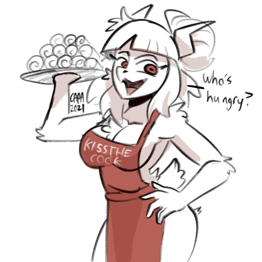1:1 2021 anthro apron apron_only arm_tuft bovid breasts capaoculta caprine caprine_demon chest_tuft cleavage clothed clothing demon dialogue digital_media_(artwork) elbow_tufts english_text female food fur goat goat_demon goat_lucifer_(helltaker) hair hair_bun hand_on_hip helltaker hi_res holding_plate horn long_hair mammal mostly_nude open_mouth pancake plate red_eyes scut_tail side_boob simple_background solo standing text text_on_apron text_on_clothing tuft white_background white_body white_fur white_hair white_horn // 2048x2048 // 246.0KB