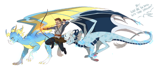 2018 arrow bow_(weapon) brown_hair claws clothed clothing dragon feral hair hi_res holding_object holding_weapon horn human male mammal ranged_weapon scalie simple_background skaydie smile spines weapon western_dragon white_background white_hair // 2893x1309 // 1.2MB