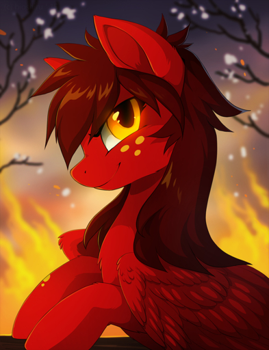 amber_eyes detailed_background equid equine fan_character feathered_wings feathers female feral fire freckles fur hair hioshiru hooves horse looking_at_viewer mammal night outside pegasus red_body red_feathers red_fur red_hair sky smile solo wings // 690x900 // 557.2KB