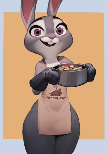 2022 anthro apron apron_only clothing female food fur grey_body grey_fur handwear hi_res judy_hopps lagomorph leporid long_ears mammal mostly_nude multicolored_body multicolored_fur open_mouth open_smile oven_mitts purple_eyes qupostuv35 rabbit simple_background smile solo thick_thighs two_tone_body two_tone_fur white_body white_fur wide_hips // 1431x2048 // 121.8KB