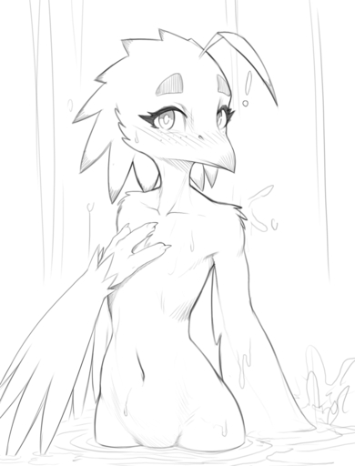 3_fingers anthro avian beak bird blush exclamation_point eyelashes feathers female fingers flat_chested freckles hi_res lyra_(w4g4) nude potoo simple_background sketch solo tail_feathers w4g4 winged_arms wings // 969x1272 // 412.4KB