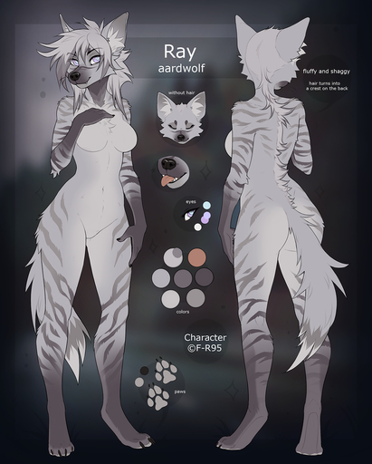 2021 4_toes 5_fingers aardwolf anthro blue_pupils breasts digital_media_(artwork) english_text eyebrows eyelashes f-r95 featureless_breasts featureless_crotch feet female fingers fur grey_body grey_fur grey_hair grey_stripes hair hi_res hyaenid inner_ear_fluff mammal model_sheet multiple_poses navel nude pink_eyes pose pupils ray_(f-r95) smile solo striped_body striped_fur stripes text toes tongue tongue_out tuft // 1123x1400 // 1.2MB