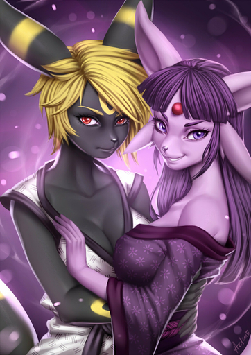 2015 5_fingers alanscampos anthro asian_clothing black_body black_skin blonde_hair breasts canid canine clothed clothing duo east_asian_clothing eeveelution espeon female fingers hair japanese_clothing kimono long_ears looking_at_viewer mammal pokemon_(species) purple_body purple_eyes purple_hair purple_skin red_eyes smile umbreon video_games waist_up // 777x1100 // 446.9KB