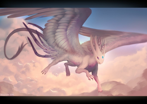 2018 ambiguous_gender black_bars claws day detailed_background dragon feathered_dragon feathered_wings feathers feral flying fur furred_dragon horn outside skaydie solo white_body white_feathers wings yarubi // 1280x904 // 776.8KB
