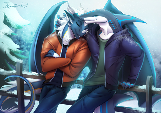 2018 5_fingers anthro blue_eyes clothed clothing day digital_media_(artwork) dragon duo fingers fish hair kammi-lu male marine outside scalie shark sky smile snow western_dragon white_hair // 1000x707 // 501KB