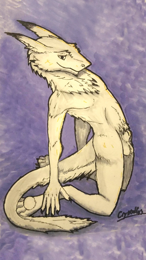 2016 9:16 animal_genitalia anthro ball_tuft balls biped chest_tuft crotch_tuft crystallos dipstick_ears fully_sheathed fur genitals hi_res kneeling looking_aside looking_at_viewer male markers multicolored_ears nude sergal sheath simple_background solo tail_tuft traditional_media_(artwork) tuft white_body white_fur yellow_balls yellow_sheath // 1152x2048 // 897.4KB