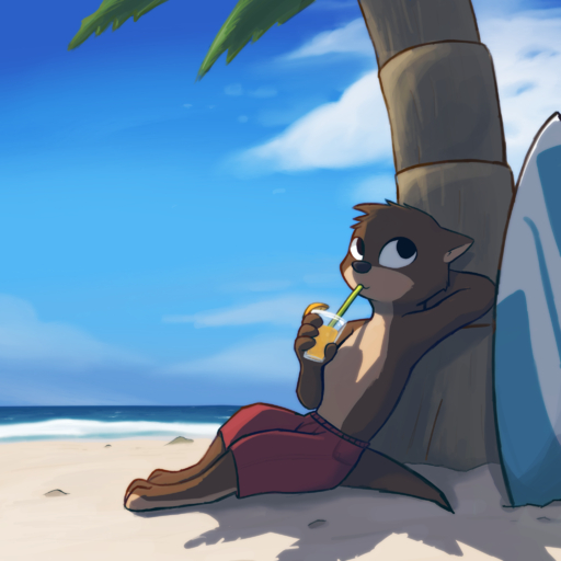 1:1 anthro barefoot beach beverage bottomwear brown_body brown_fur clothed clothing cloud detailed_background digital_media_(artwork) drinking enginetrap feet fur hi_res lutrine male mammal mustelid oliver_(fuel) outside palm_tree pants plant reclining sea seaside shaded shadow shorts sky solo straw surfboard swimwear topless tree vehicle water watercraft // 2048x2048 // 2.4MB