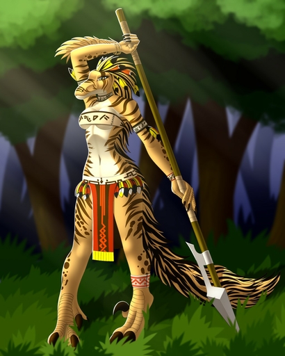 2019 4:5 4_fingers anthro bottomwear breasts clothing detailed_background digital_media_(artwork) dinosaur dromaeosaurid feathers female fingers grass hi_res holding_object holding_weapon loincloth midriff navel non-mammal_breasts plant reptile scalie tales_foxdale theropod tree tribal velociraptor weapon yellow_eyes // 1024x1280 // 207.2KB