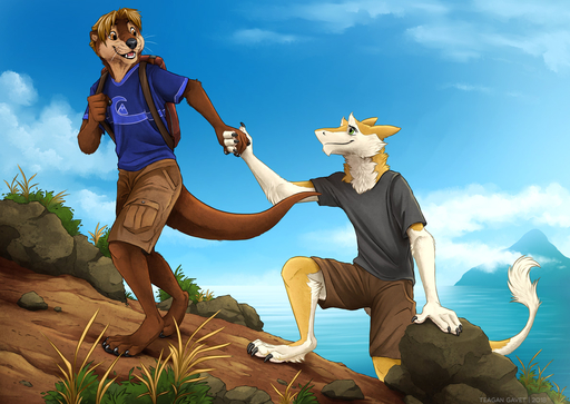 2018 5_toes akitagami anthro barefoot blackteagan brown_body brown_fur brown_hair claws day detailed_background digital_media_(artwork) feet felid fur grass hair hand_holding hawaii hiking lutrine male malemale mammal mountain mustelid outside pawpads plant sea sergal toes water // 1188x842 // 340.2KB