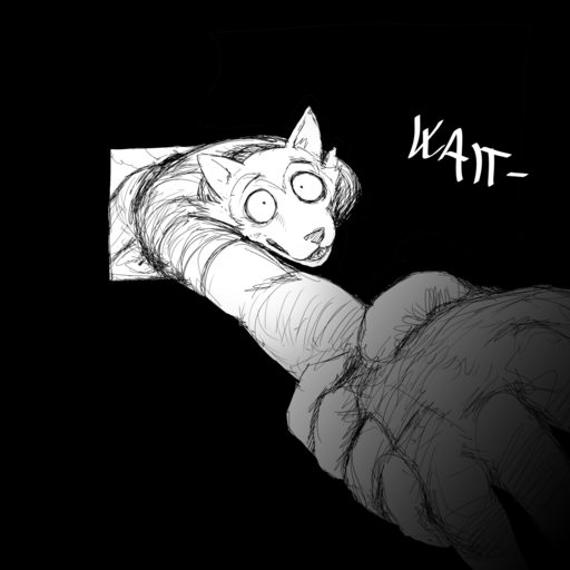 1:1 anthro arm_pull beastars black_background canid canine canis comic dialogue english_text hi_res hladilnik legoshi_(beastars) male mammal monochrome offscreen_character scared simple_background sketch text wolf // 1280x1280 // 249KB