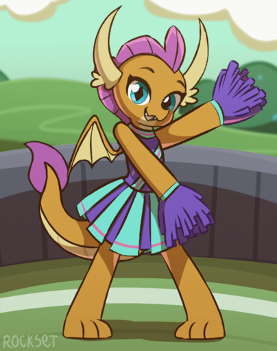 2019 2d_animation animated anthro cheerleader clothing dragon female frame_by_frame friendship_is_magic hasbro looking_at_viewer my_little_pony rockset scalie short_playtime smile smolder_(mlp) solo // 750x950 // 3.7MB