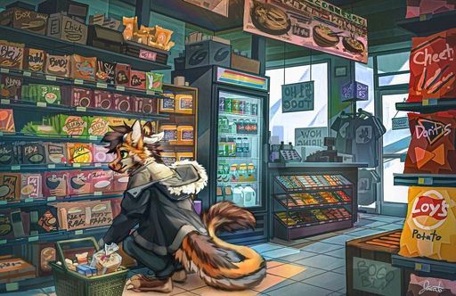 2022 amazing_background anthro clothed clothing crouching detailed_background digitigrade dragon fur furred_dragon horn hybrid inside jacato male shopping solo store // 1024x664 // 203.5KB