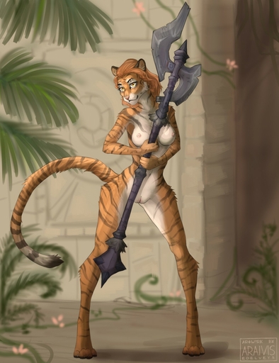4_toes 5_fingers anthro araivis-edelveys areola axe battle_axe biped breasts brown_body brown_fur brown_pawpads casual_nudity claws detailed_background digitigrade double_bitted_axe fantasy_axe fantasy_weapon feet felid female ferns fingers flower fur genitals hair hi_res holding_object holding_weapon large_axe large_weapon looking_at_viewer mammal melee_weapon navel nipples nude orange_body orange_fur orange_hair palm_tree pantherine pawpads pink_areola pink_nipples pink_nose pink_pussy plant pussy rock smile solo spiked_axe standing stone_wall striped_body striped_fur stripes tan_hair tiger toes tree vines wall_(structure) weapon white_body white_fur wide_hips yellow_eyes // 985x1280 // 165.7KB