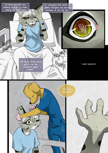 anthro bandage bird_dog black_spots brown_eyes brown_nose canid canine canis claws clothed clothing clouded_leopard comic dialogue digital_media_(artwork) doctor domestic_dog duo english_text eyes_closed felid female fingers floppy_ears fur gloves golden_retriever grey_body grey_fur grimart hand_on_head handwear hospital hunting_dog jonesy_hoovus_(grimart) latex_gloves mammal open_mouth pantherine paranoid pink_nose retriever scared schizophrenia simple_background sitting speech_bubble spots spotted_body spotted_fur stressed text topwear // 620x877 // 440.6KB