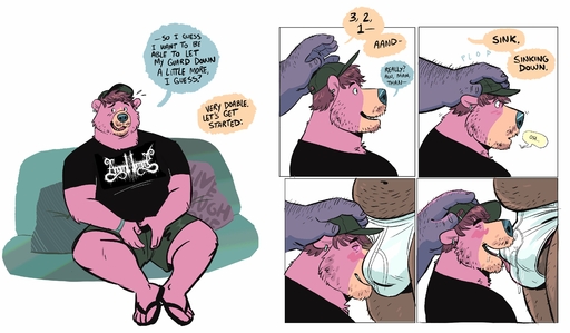 absurd_res alternate_version_at_source anthro austin_(night_physics) baseball_cap beard belly blush bodily_fluids body_hair bottomwear bulge bulge_in_face bulge_nuzzling clothed clothing comic dialogue digital_media_(artwork) dramamine duo ear_piercing english_text facial_hair fur genitals hair hairy hat headgear headwear hi_res hypnosis male malemale mammal mind_control overweight penis piercing pink_body pink_fur saliva_on_bulge shirt shorts simple_background size_difference smile speech_bubble submissive submissive_male t-shirt text tongue tongue_out topwear underwear unknown_species ursid // 3502x2042 // 634.0KB