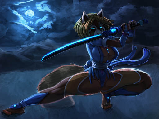 ailurid anthro blue_eyes breasts camel_toe clothing cloud crouching digital_media_(artwork) female general-irrelevant grass hair holding_object holding_sword holding_weapon looking_at_viewer mammal melee_weapon moon night outside plant red_panda smile solo sword topwear weapon // 1440x1080 // 840.8KB