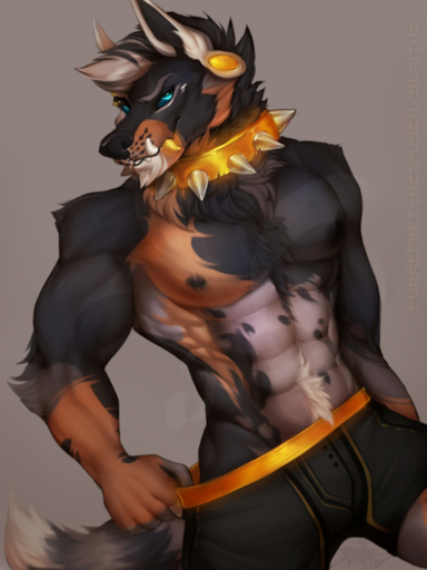 2018 3:4 5_fingers abs anthro biceps black_body black_eyes black_fur black_hair blue_eyes body_hair canid canine clothed clothing collar ear_piercing facial_piercing fingers fur hair happy_trail hi_res looking_at_viewer male mammal muscular muscular_anthro muscular_male neck_tuft nipples pecs piercing simple_background smile solo teeth topless tuft underwear undressing vexstacy // 960x1280 // 1.3MB