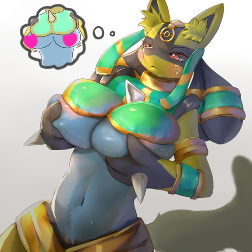 anthro big_breasts breast_grab breasts female hand_on_breast hi_res hopping4 lucario pokemon_(species) solo video_games // 2000x2000 // 2.2MB