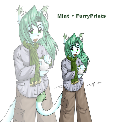 anthro bottomwear clothed clothing conditional_dnp female furry_print green_eyes green_hair hair jacket mint_(tom_fischbach) pants scarf shirt simple_background snowball solo tom_fischbach topwear white_background zoom_layer // 612x662 // 203.4KB