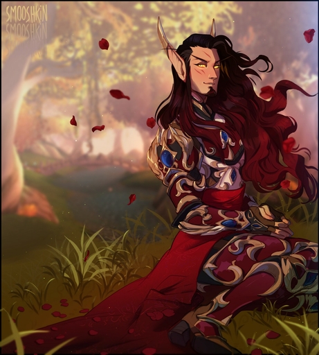 armor blizzard_entertainment blood_elf clothed clothing detailed_background digital_media_(artwork) elf facial_hair flower_petals grass hair hi_res humanoid humanoid_pointy_ears male outside petals plant sitting smile smooshkin solo tree video_games warcraft // 1152x1280 // 247.7KB