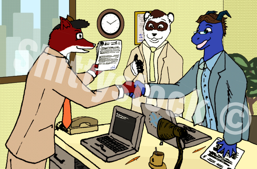 anthro beverage business canid canine canis captainzepto clothed clothing coffee computer domestic_ferret dragon food fully_clothed group hi_res male mammal mustela mustelid musteline navarchus_zepto office scalie stock_photography suit true_musteline watermark wolf // 1932x1266 // 1.0MB