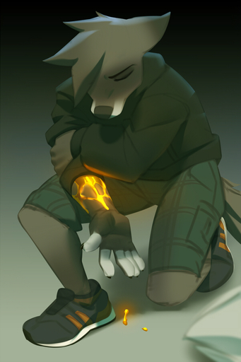 2020 2:3 anthro bottomwear canid canine clothing eyes_closed fire footwear fox fur gradient_background looking_down male mammal miles_df shoes shorts simple_background solo // 600x900 // 268KB