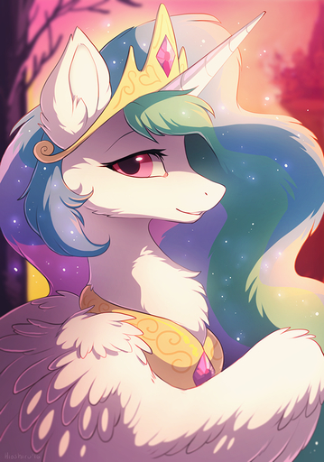 2016 crown detailed_background equid equine eyelashes feathered_wings feathers female feral fluffy fur hair hioshiru horn horse looking_at_viewer mammal multicolored_hair pink_eyes princess_celestia_(mlp) smile solo sparkles white_body white_feathers white_fur winged_unicorn wings // 701x1001 // 689.0KB