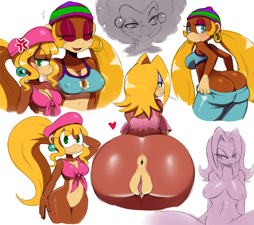 <3 afro anthro anus ape beret big_breasts big_butt blue_eyes blush bodily_fluids breast_envy breasts butt butt_cleavage candy_kong cleavage clothed clothing crocodilian digital_media_(artwork) dixie_kong donkey_kong_(series) duo ear_piercing eyes_closed female genitals green_eyes haplorhine hat headgear headwear hi_res hoop_earrings kalypso kong kremling looking_at_viewer mammal nintendo piercing presenting presenting_hindquarters primate pussy reptile scalie simple_background solo sssonic2 sweat tailless tiny_kong video_games white_background wide_hips // 2032x1800 // 1.8MB