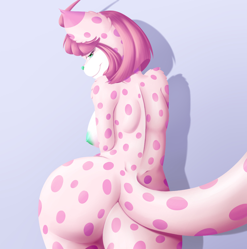 2016 absurd_res anthro areola big_butt breasts butt carl eyelashes felid feline female fur green_eyes hair half-closed_eyes hi_res hybrid itsuko103 looking_back lynx mammal narrowed_eyes nipples pantherine pink_body pink_fur pink_hair shadow short_hair simple_background smile snow_leopard solo spots spotted_body spotted_fur // 3572x3600 // 3.7MB