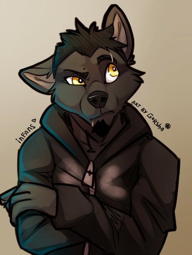 anthro canid canine canis clothed clothing facial_hair fur goatee gorsha_pendragon hair hi_res male mammal signature simple_background solo wolf // 963x1280 // 126.4KB