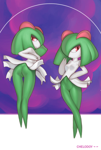 2019 breasts butt chelodoy female genitals glistening glistening_body green_body green_hair green_skin hair humanoid kirlia looking_back not_furry pokemon_(species) pussy red_eyes signature solo video_games // 689x1020 // 578.7KB