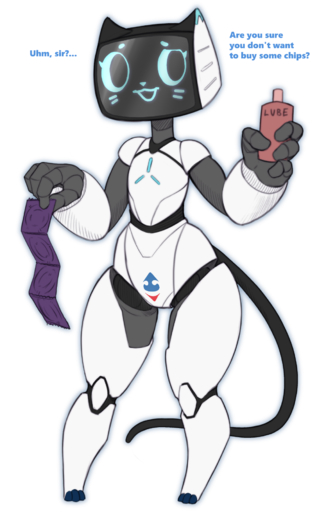 anthro bellabot clothing condom dialogue felid feline felis female flat_chested hi_res kerfus logo looking_at_viewer machine mammal robot screen screen_face sexual_barrier_device solo text w4g4 white_body // 1177x1849 // 984.6KB