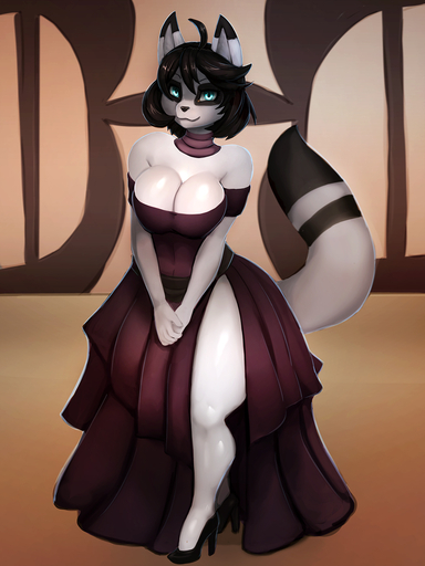3:4 anthro ayame_amaya_tanooki big_breasts black_hair black_high_heels black_nose breasts canid canine cleavage clothed clothing dipstick_ears dipstick_tail female general-irrelevant grey_body hair hi_res high_heels looking_at_viewer mammal markings multicolored_ears raccoon_dog smile solo tail_markings tanuki thick_thighs // 1080x1440 // 503.1KB