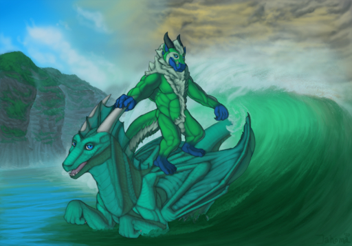 2020 5_fingers abs animal_genitalia anthro balls barefoot biped black_claws blue_body blue_eyes blue_skin claws cloud curved_horn dated day detailed_background digital_drawing_(artwork) digital_media_(artwork) dragon duo fangs feet feral fingers fur furred_dragon genitals green_body green_scales green_skin half-closed_eyes head_tuft hi_res horn landscape looking_at_viewer male membrane_(anatomy) membranous_wings multicolored_body multicolored_skin muscular muscular_male narrowed_eyes neck_tuft nude number obliques on_top open_mouth outside paws pecs quadruped rashan scales scalie sea sheath signature sky standing surf surfing tahoma tahoma_(morto) tongue tuft water watermark wave western_dragon wet white_tuft wings // 2232x1562 // 3.9MB