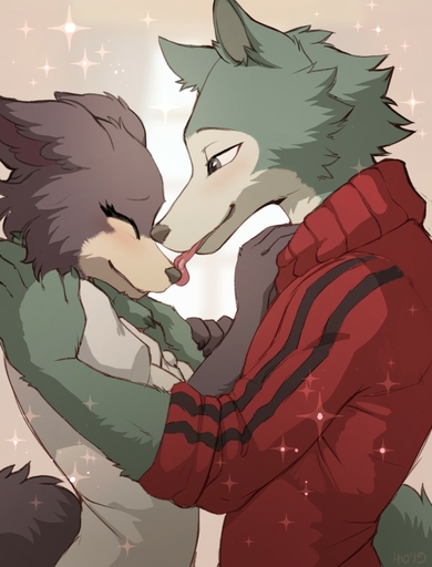 2019 5_fingers <3 anthro blue_body blue_fur brown_body brown_fur canid canine canis clothed clothing daww duo eyes_closed female fingers fur green_body green_fur hi_res hioshiru jacket juno_(beastars) legoshi_(beastars) licking love male malefemale mammal red_clothing romantic romantic_ambiance romantic_couple tongue tongue_out topwear white_clothing wolf // 974x1280 // 154.4KB