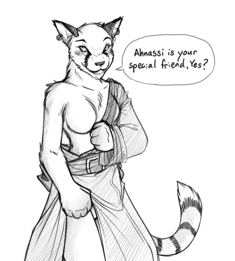 2010 ahnassi anthro bethesda_softworks blush breasts clothed clothing conditional_dnp dialogue ear_piercing english_text felid female greyscale khajiit looking_at_viewer mammal monochrome morrowind naturally_censored one_breast_out piercing ringtail robe simple_background smile smirk solo talking_to_viewer text the_elder_scrolls tom_fischbach undressing video_games white_background // 635x704 // 171.0KB