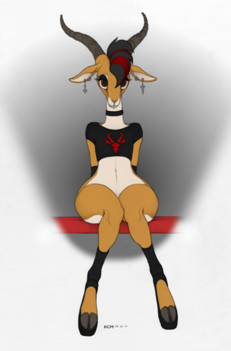 2017 antelope anthro biped bottomless bovid clothed clothing disney ear_piercing ecmajor edit eyebrow_piercing facial_piercing female footwear gazelle gazelle_(zootopia) hair hi_res hooves horn knock-kneed lip_piercing looking_at_viewer mammal navel piercing sitting solo thick_thighs traditional_media_(artwork) wide_hips zootopia // 843x1280 // 887.8KB