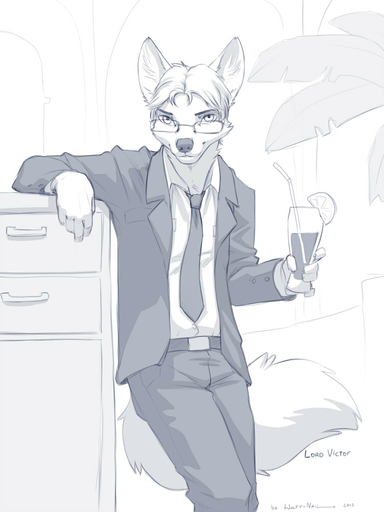 2013 3:4 alcohol anthro belt beverage black_eyes bottomwear canid canine canis clothed clothing cocktail_garnish detailed_background digital_media_(artwork) english_text eyebrows eyewear food fur glasses greyscale hair holding_glass holding_object jackal lemon_wedge looking_at_viewer male mammal monochrome necktie pants plant solo suit text watermark wolfy-nail // 750x1000 // 83.4KB